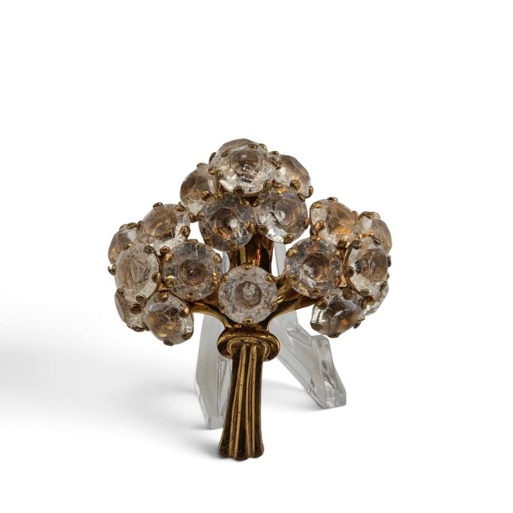 Vintage 1950s 60s Clear Rhinestone Plastic Bead Flower Bouquet Brooch